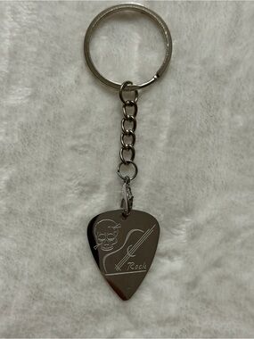 Silver Guitar Pick Keychain with Skull & 'Rock' Engraving